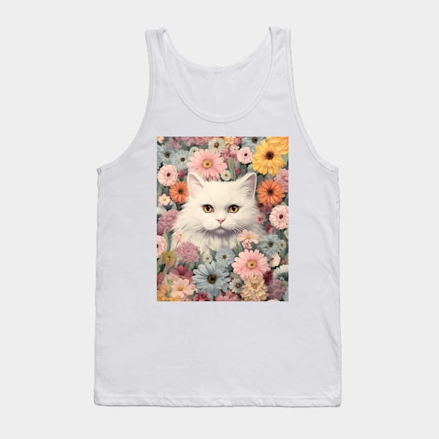 Blooming Beauty: A Whimsical Long-Haired Cat Embraced by Floral Delights Tank Top by KittyStampedeCo